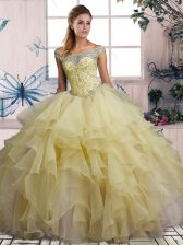 Fitting Yellow Organza Lace Up Off The Shoulder Sleeveless Floor Length Ball Gown Prom Dress Beading and Ruffles