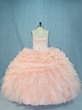  Peach Quinceanera Gowns Organza Sleeveless Beading