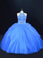 Charming Blue Ball Gowns Halter Top Sleeveless Tulle Floor Length Lace Up Beading Vestidos de Quinceanera