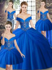 Free and Easy Brush Train Ball Gowns Quinceanera Dress Royal Blue Off The Shoulder Tulle Sleeveless Lace Up
