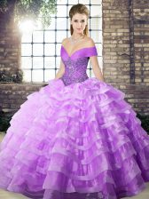 Shining Lavender Organza Lace Up Off The Shoulder Sleeveless Sweet 16 Dresses Brush Train Beading and Ruffled Layers