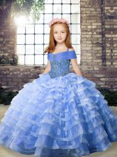 Modern Straps Sleeveless Kids Formal Wear Brush Train Beading and Ruffled Layers Blue Organza
