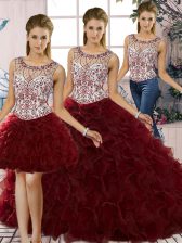  Three Pieces Quinceanera Gown Burgundy Scoop Organza Sleeveless Floor Length Lace Up