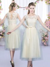  Lace and Belt Damas Dress Champagne Lace Up Sleeveless Tea Length