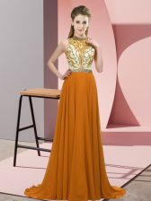 Glamorous Brush Train Empire Prom Dresses Brown Halter Top Chiffon Sleeveless Backless