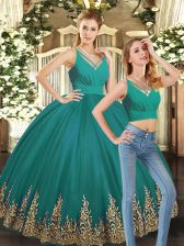  Turquoise Two Pieces V-neck Sleeveless Tulle Floor Length Backless Embroidery Sweet 16 Dress