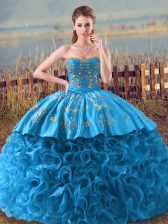 Gorgeous Baby Blue Sleeveless Fabric With Rolling Flowers Brush Train Lace Up Vestidos de Quinceanera for Sweet 16 and Quinceanera