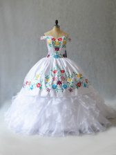 Clearance Sleeveless Organza Floor Length Lace Up Quinceanera Gown in White with Embroidery