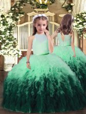 Affordable Multi-color Ball Gowns Tulle High-neck Sleeveless Ruffles Floor Length Backless Little Girl Pageant Dress