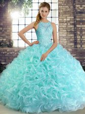 Decent Aqua Blue Sleeveless Fabric With Rolling Flowers Lace Up Sweet 16 Dresses for Military Ball and Sweet 16 and Quinceanera
