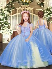 Inexpensive Floor Length Blue Little Girls Pageant Dress Wholesale Straps Sleeveless Lace Up