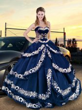 Dazzling Sweetheart Half Sleeves Quinceanera Dress Asymmetrical Embroidery Navy Blue Satin