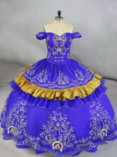 Pretty Blue Ball Gowns Satin and Organza Off The Shoulder Sleeveless Embroidery Floor Length Lace Up Sweet 16 Quinceanera Dress