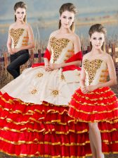 Shining Sleeveless Satin Floor Length Lace Up Ball Gown Prom Dress in White And Red with Beading and Ruffled Layers