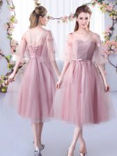  Sleeveless Tea Length Lace and Belt Lace Up Vestidos de Damas with Pink 