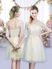 Custom Made Tulle V-neck Half Sleeves Lace Up Lace and Bowknot Quinceanera Dama Dress in Champagne