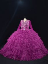 Edgy Purple V-neck Lace Up Beading and Ruffled Layers Sweet 16 Quinceanera Dress Long Sleeves