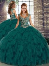 Perfect Peacock Green Lace Up Sweet 16 Dresses Beading and Ruffles Sleeveless Floor Length