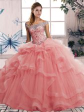Simple Beading and Ruffles Quinceanera Dress Watermelon Red Lace Up Sleeveless Floor Length