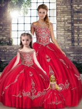  Red Sleeveless Floor Length Beading and Embroidery Lace Up Quinceanera Dress