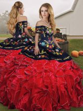  Floor Length Red And Black Quinceanera Gowns Off The Shoulder Sleeveless Lace Up
