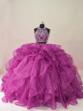  Sleeveless Brush Train Beading and Ruffles Backless Quinceanera Dress