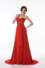 Great Red Empire Sweetheart Sleeveless Chiffon Brush Train Zipper Appliques and Ruching Evening Dress