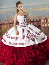  Organza Sweetheart Sleeveless Lace Up Embroidery and Ruffles Quinceanera Gown in Red