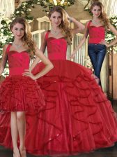  Red Lace Up Quinceanera Dresses Ruffles Sleeveless Floor Length