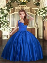 Best Straps Sleeveless Little Girls Pageant Gowns Floor Length Ruching Royal Blue Satin