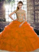 Hot Sale Rust Red 15 Quinceanera Dress Tulle Brush Train Sleeveless Beading and Pick Ups