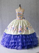  Floor Length Blue Quince Ball Gowns Satin and Organza Sleeveless Beading and Embroidery