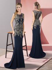  Navy Blue Satin Zipper Scoop Sleeveless Prom Dresses Sweep Train Appliques