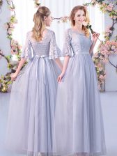  Half Sleeves Floor Length Lace and Belt Side Zipper Court Dresses for Sweet 16 with Grey