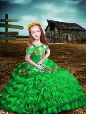  Organza Off The Shoulder Short Sleeves Lace Up Embroidery and Ruffled Layers Child Pageant Dress in Green