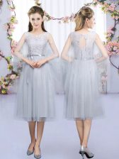 Tea Length Empire Sleeveless Grey Quinceanera Dama Dress Lace Up