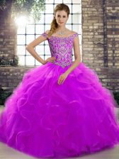 Admirable Sleeveless Brush Train Lace Up Beading and Ruffles 15th Birthday Dress