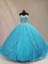  Aqua Blue Lace Up Sweetheart Beading Quinceanera Dress Tulle Sleeveless Court Train