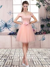  Pink Off The Shoulder Neckline Lace and Hand Made Flower Prom Dresses Short Sleeves Lace Up