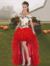  High Low A-line Sleeveless Red Evening Dress Lace Up