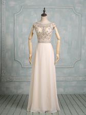  Floor Length Champagne Homecoming Dress Scoop Cap Sleeves Backless