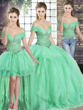 Sophisticated Apple Green Three Pieces Beading and Ruffles Sweet 16 Dress Lace Up Tulle Sleeveless Floor Length