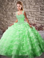 Flare Green Ball Gowns Organza Straps Sleeveless Beading and Ruffled Layers Lace Up 15th Birthday Dress Court Train