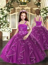  Purple Lace Up Straps Ruffles Little Girl Pageant Gowns Tulle Sleeveless