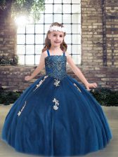  Floor Length Blue Pageant Dress Tulle Sleeveless Appliques