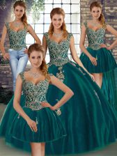  Peacock Green Straps Lace Up Beading and Appliques Sweet 16 Dresses Sleeveless