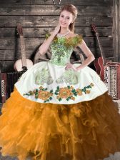  Brown Off The Shoulder Neckline Embroidery and Ruffles Sweet 16 Quinceanera Dress Sleeveless Lace Up