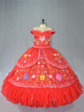  Ball Gowns 15 Quinceanera Dress Red Off The Shoulder Satin Sleeveless Floor Length Lace Up