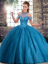 Wonderful Blue Sweet 16 Dress Tulle Brush Train Sleeveless Beading