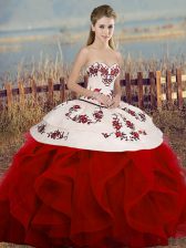 Superior Sweetheart Sleeveless Lace Up Quinceanera Gown White And Red Tulle